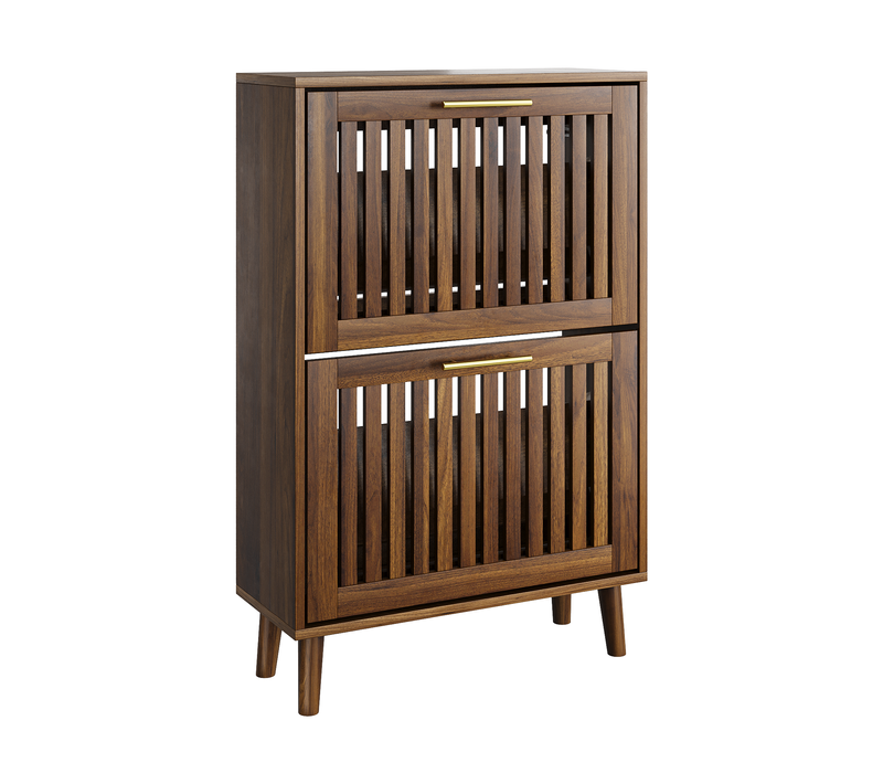 Meuble à Chaussures 60 Cm Coloris Bois Noyer Avec 2 Abattants Et Étagères, Rangement Entrée