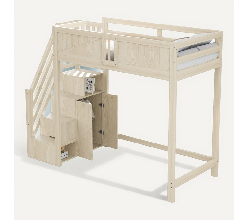 Lit Mezzanine Enfant 90x200 Cm En Pin Naturel Avec Rangements Latéraux Et Échelle Réversible