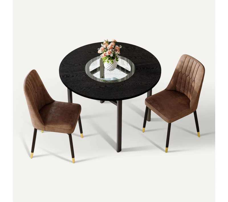 Ensemble Table Ronde D.100 Cm Noir Effet Bois Avec 2 Chaises Tissu Marron, Métal Noir
