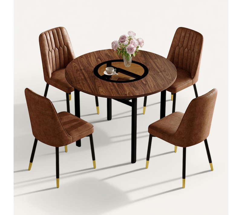 Ensemble Table Ronde 100 Cm Effet Bois Brun Et 4 Chaises Tissu Brun Pieds Métal Noir