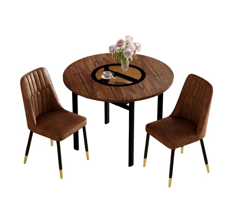 Ensemble Table Ronde D.100 Cm Bois Marron Avec 2 Chaises Tissu Marron Pieds Métal Noir