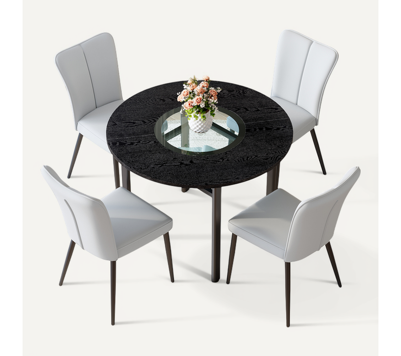 Ensemble Table Ronde D.100 Cm Bois Noir Avec 4 Chaises Pu Gris Clair, Pieds Métal Noirs