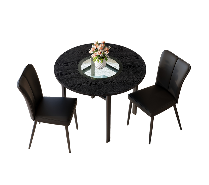 Ensemble Table Ronde D.100 Cm Bois Noir Avec 2 Chaises En Pu Noir Et Pieds Métal