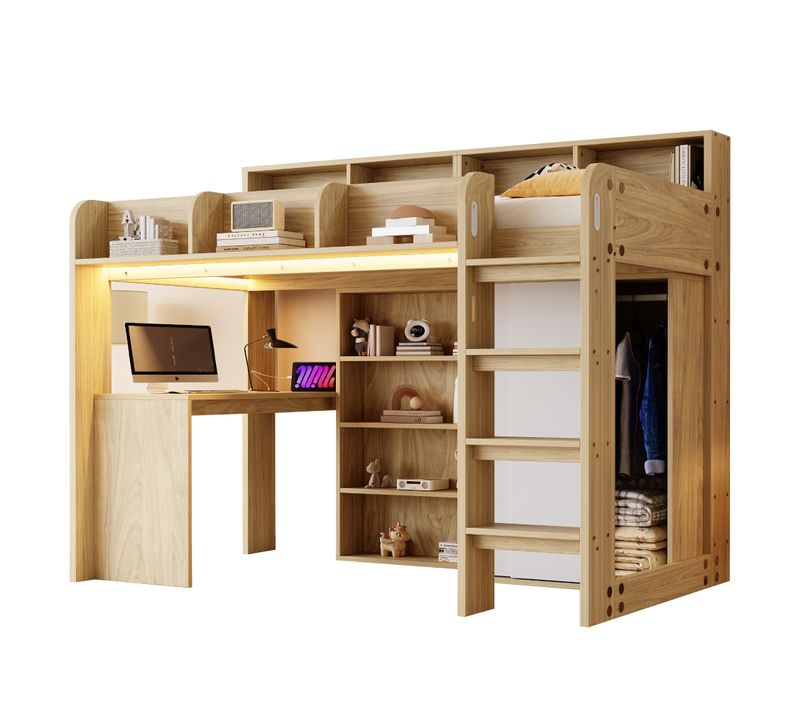 Lit Mezzanine Enfant 90x200 Cm LED Avec Bureau Intégré, Prise USB, Armoire Rangements, Bois Naturel