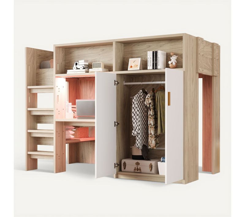 Lit Mezzanine Enfant 90x200 Cm LED Avec Bureau, Armoire, Étagères Rangements, Bois Et Blanc