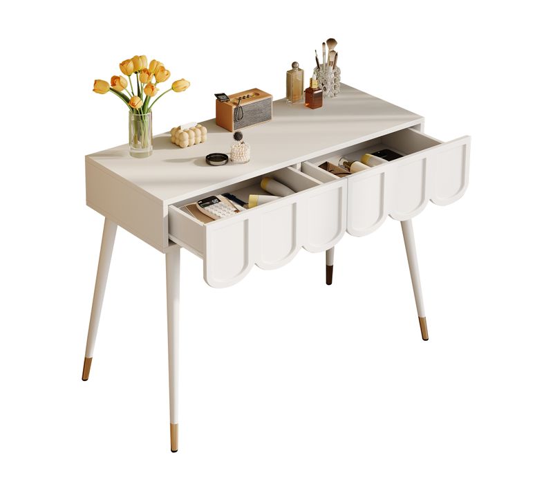 Coiffeuse Bureau 100x40x76 Cm Bois Blanc Avec 2 Tiroirs