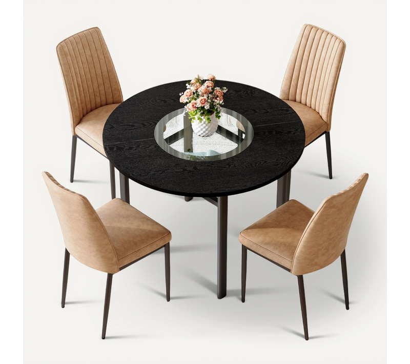 Ensemble Table Ronde 100 Cm Noir Effet Bois Avec Étagère En Verre Et 4 Chaises Tissu Brun