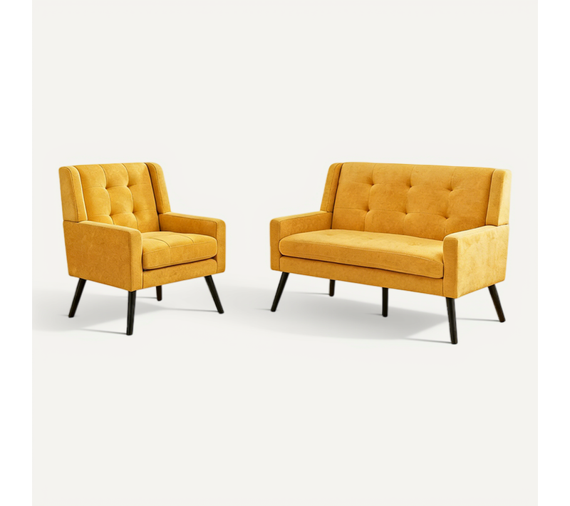 Set De 2 Banquette 2 Places Et Fauteuils En Lin Jaune, Mousse Haute Densité, Pieds En Bois