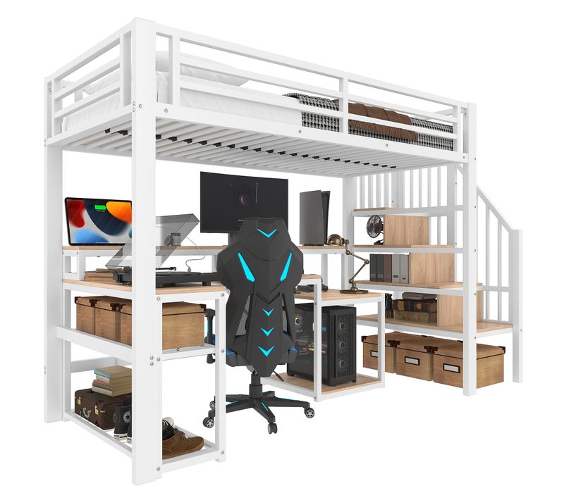 Lit Mezzanine Enfant 90x200 Cm Avec Rangement, Escalier, Bureau, LED, USB, Métal Blanc