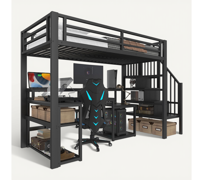 Lit Mezzanine Enfant 90x200 Cm Métal Noir Avec Rangement, LED, Bureau Intégré, Ports USB