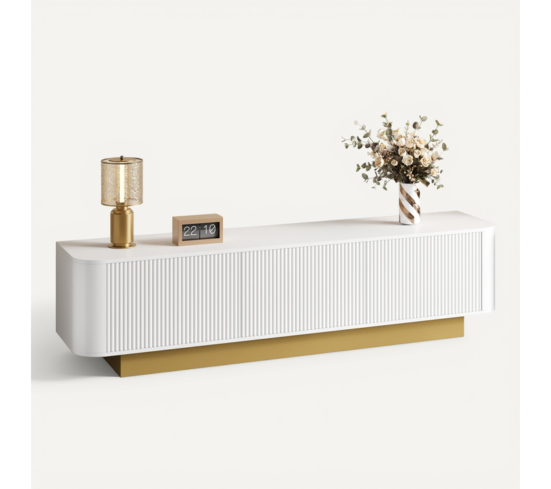 Meuble TV 170x40,5x47 Cm Blanc, Avec 3 Portes Et Compartiments De Rangement, Finition Texturée