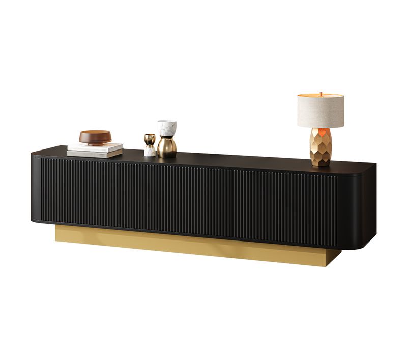 Meuble TV 170x40.5x47 Cm Noir Finition Texturée, Avec 3 Portes, Compartiments De Rangement