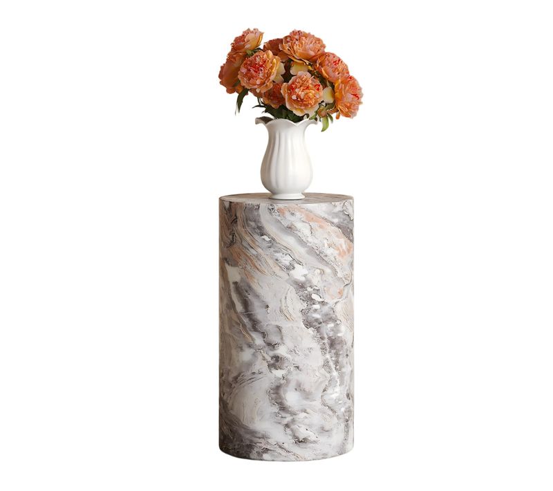 Bout De Canapé Rond Colonne Décorative H55 Cm, Effet Marbre Gris – Table D’appoint Pour Salon