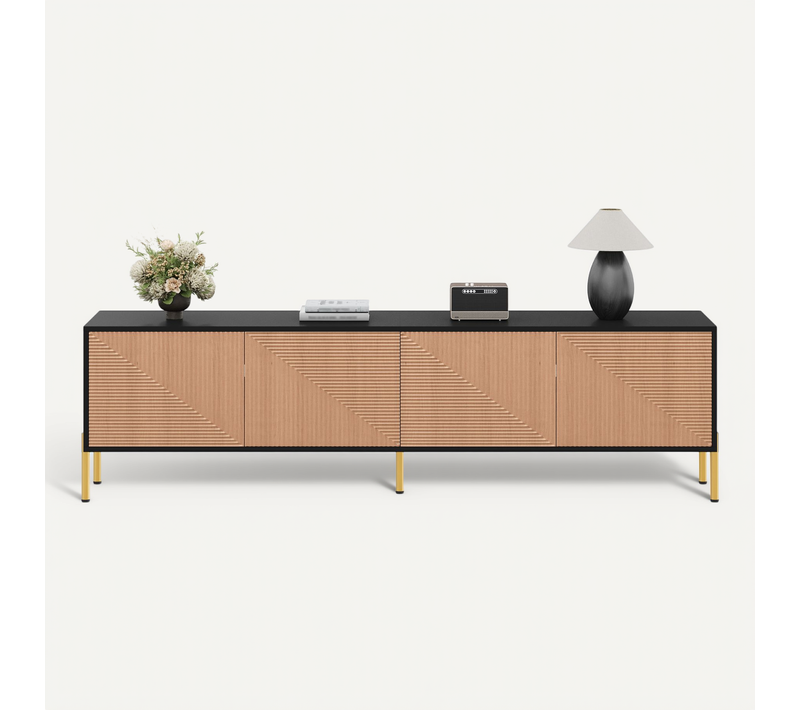 Meuble TV 179 Cm Noir Et Bois Naturel Avec 4 Portes Et Pieds Métal Doré
