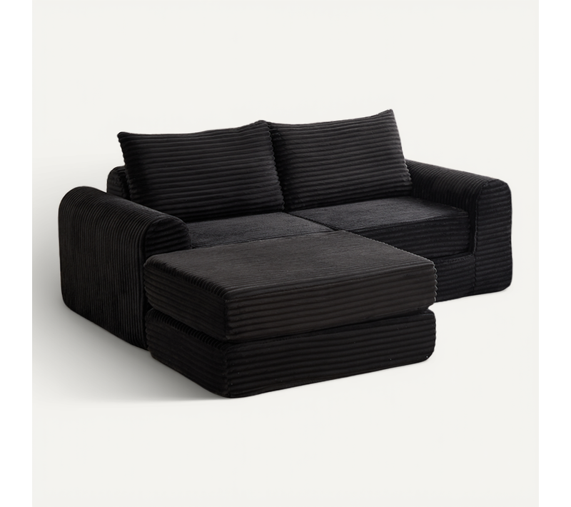 Canapé Convertible D'angle 2 Places En Velours Côtelé Noir Avec Poufs Amovible