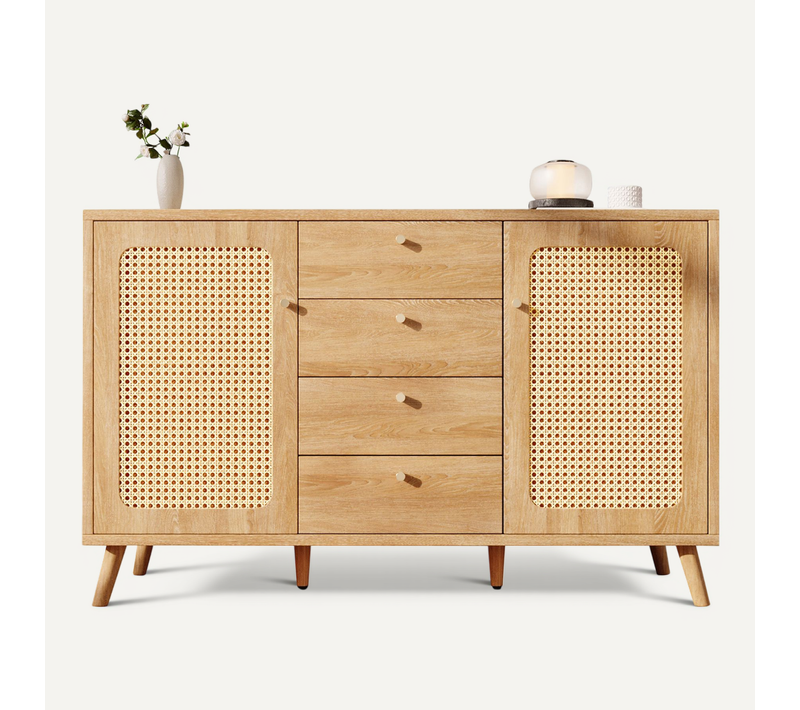 Buffet Bois Chêne Clair Avec 4 Tiroirs Et 2 Portes 140x40x86 Cm, Salon Et Entrée