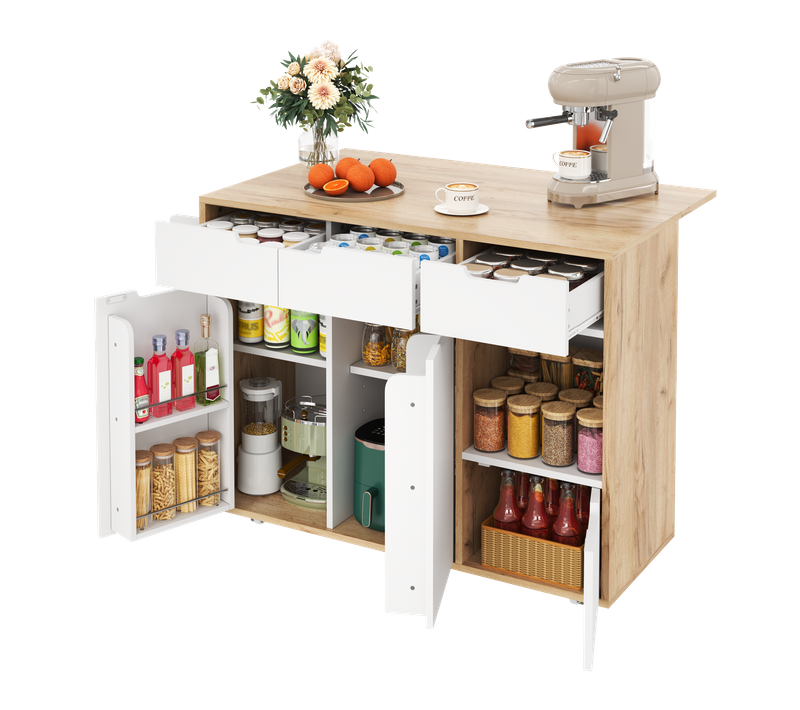 Desserte De Cuisine Sur Roulettes Plateau Rabattant Avec Tiroirs Et Portes, Bois Et Blanc