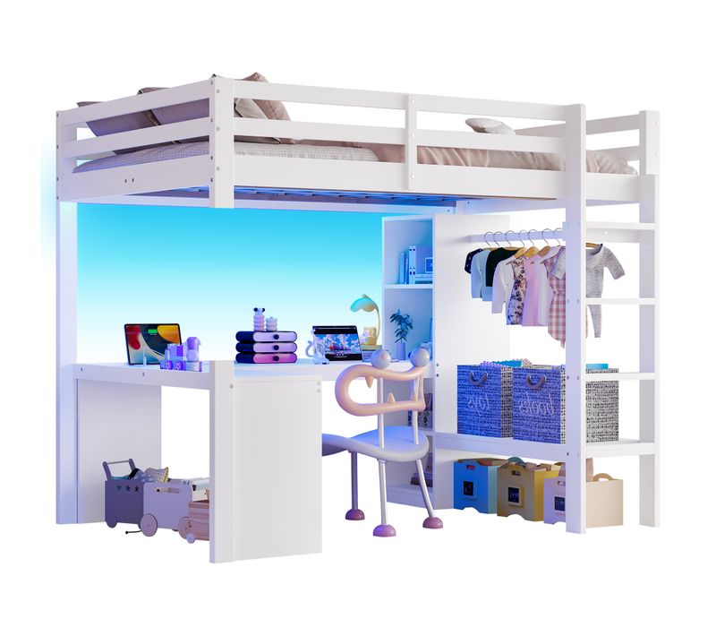 Lit Mezzanine Adulte 140x200 Cm Avec échelle, Bureau Intégré, Rangements, LED Et USB, Bois Blanc