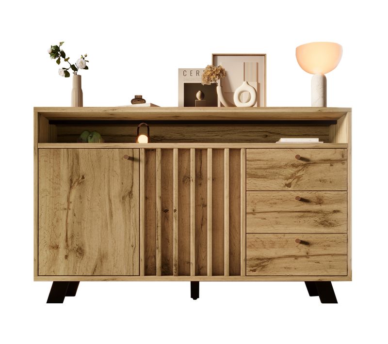 Buffet Bois Chêne Foncé Avec 3 Tiroirs Et 2 Portes 120x40x85 Cm, Salon Et Entrée