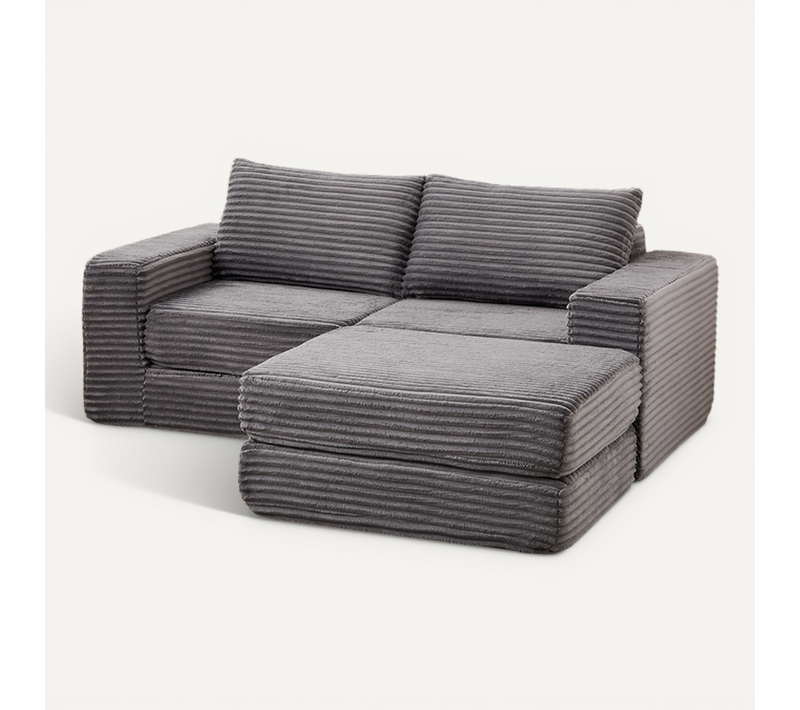 Canapé D'angle Convertible 2 Places Modulable En Velours Côtelé Gris Avec Poufs Amovible