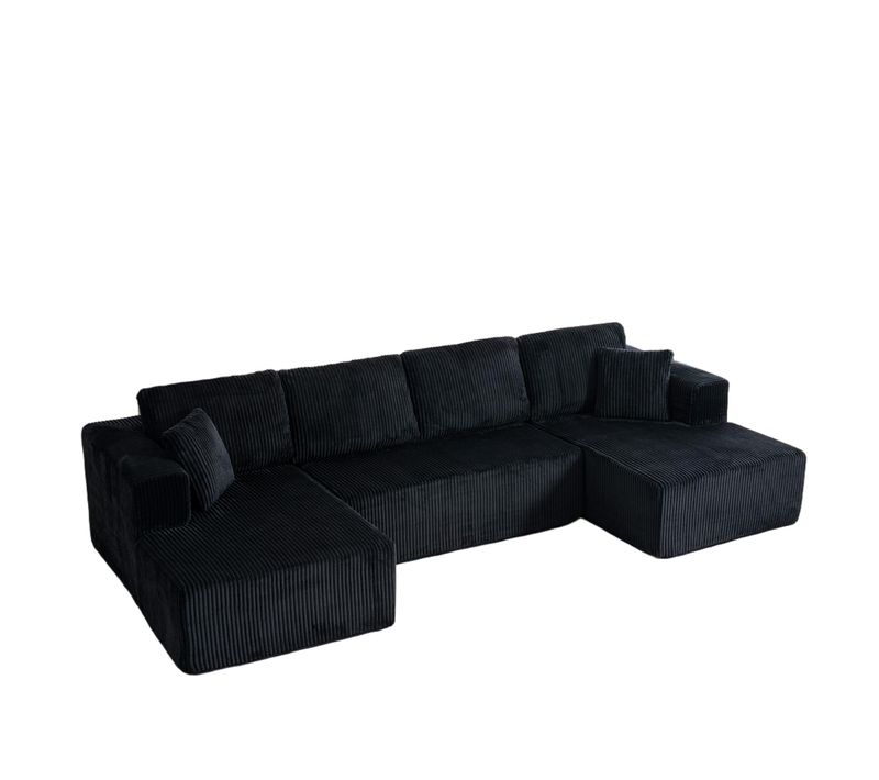 Canapé D'angle En U 332x156x88 Cm En Velours Côtelé Noir Avec Coussins, Sans Montage