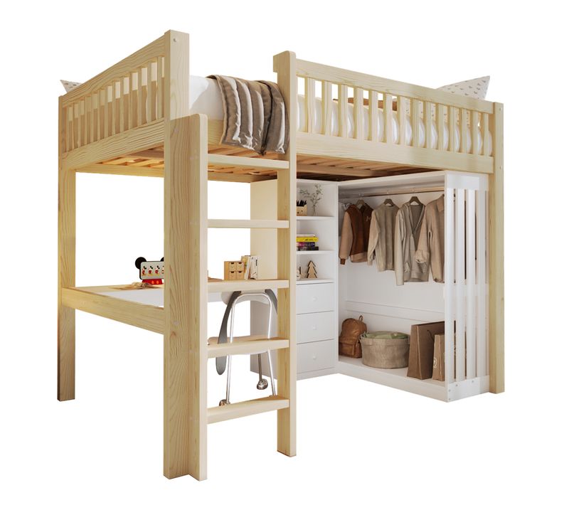 Lit Mezzanine 140x200 Cm Avec Bureau, Penderie Et 3 Tiroirs, Bois Naturel