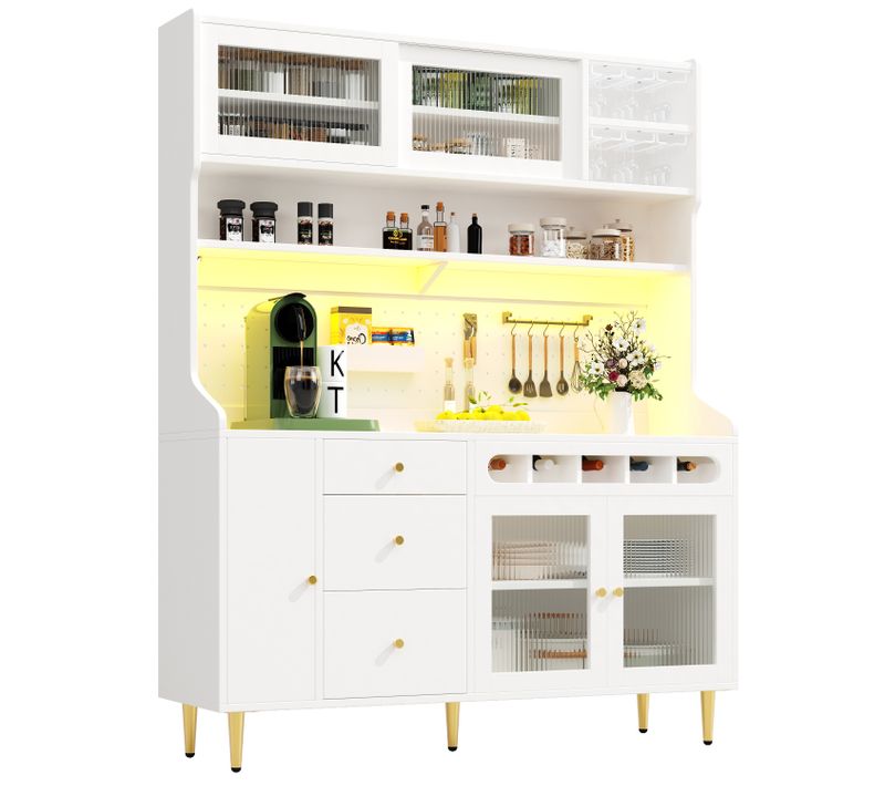 Buffet De Cuisine Blanc Haute Avec LED, Portes En Verre, Rangements Et Casier à Vin