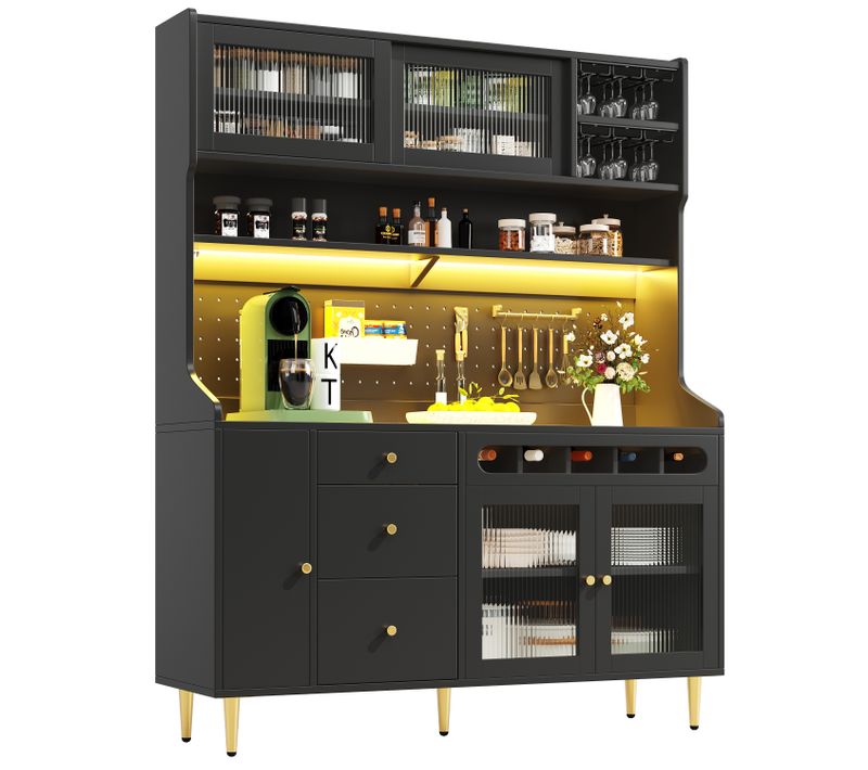 Buffet De Cuisine Haut Noir 171cm Avec LED, Étagères Réglables Et Tiroirs Porte-bouteilles