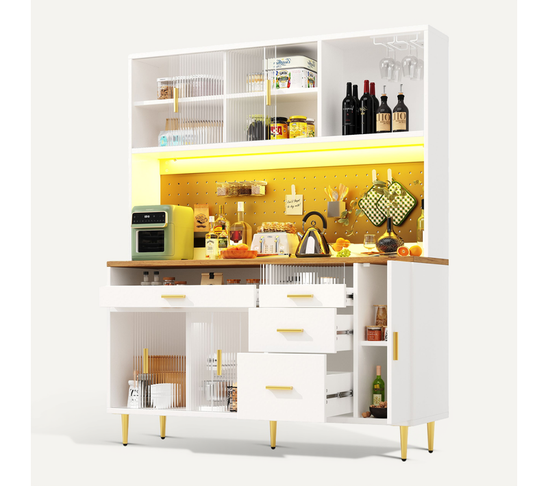 Buffet De Cuisine, Armoire Haute 171 Cm Blanc Avec LED Et Porte Coulissante En Verre, 4 Tiroirs