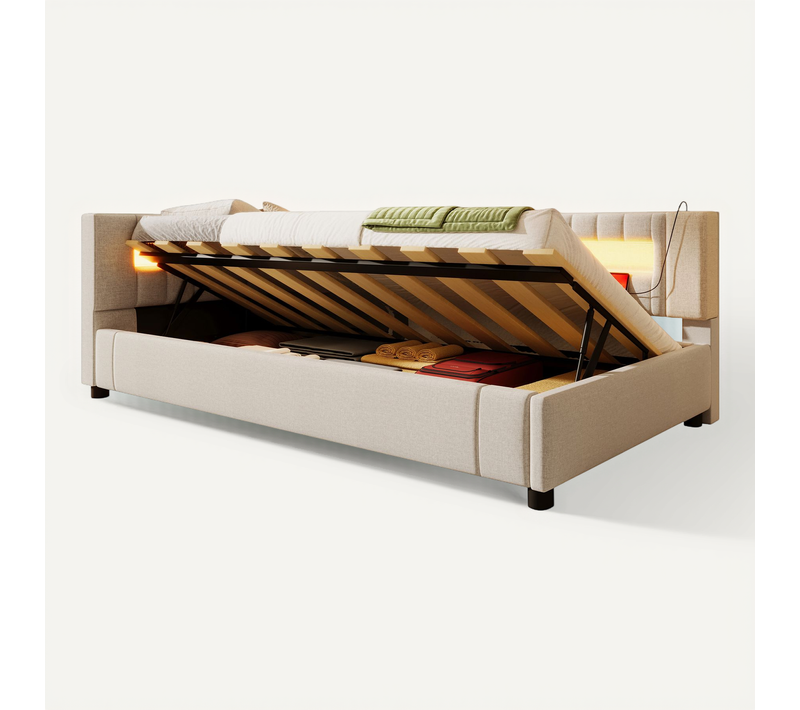 Lit Enfant 90x200 Cm Lin Beige Avec LED, Ports USB/type-c Et Coffre De Rangements