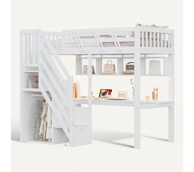 Lit Mezzanine Enfant 90x200 Cm Avec Escalier, Bureau, LED, Ports USB Et Rangements, Bois Blanc