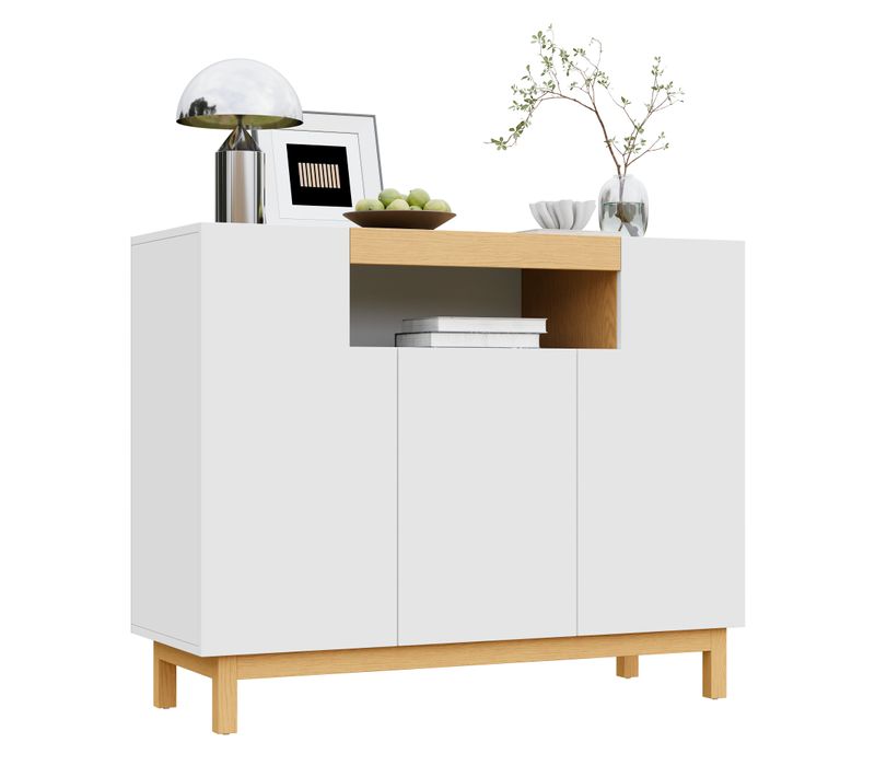 Buffet 120,5x42x96 Cm Blanc Avec 3 Portes Et Niche Ouverte, Salon/entrée
