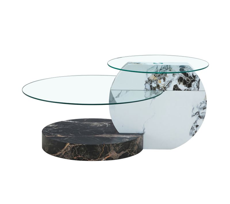 Table Basse Ronde Salon 50 Cm + 70 Cm Verre Trempé, Effet Marbre Blanc Et Noir, 2 Plateaux