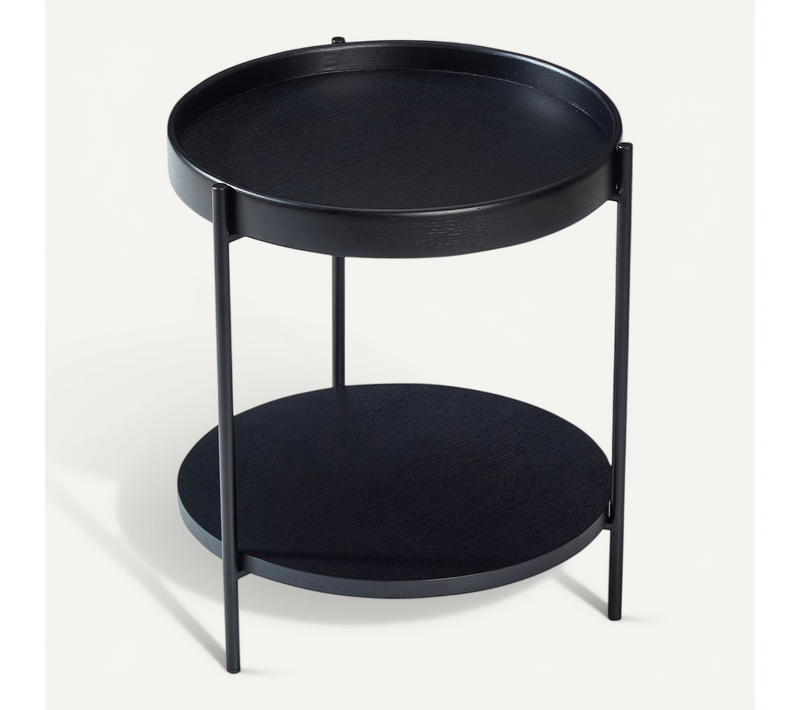 Bout De Canapé Rond 2 Plateaux 44x48 Cm, Bois Noir