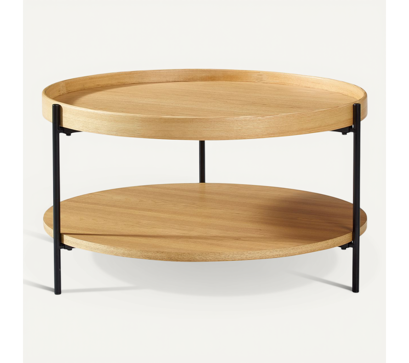 Table Basse Rond, Bout De Canapé 2 Niveaux 69 Cm, Bois Naturel Et Métal Noir, Salon