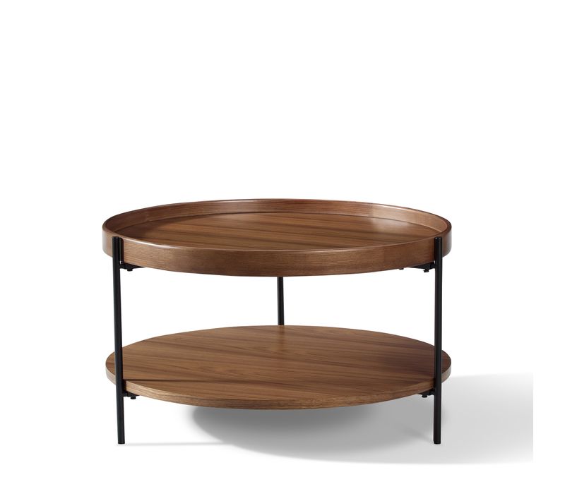 Table Basse Rond 69 Cm, Bout De Canapé Bois Noyer Et Pieds En Métal, Salon