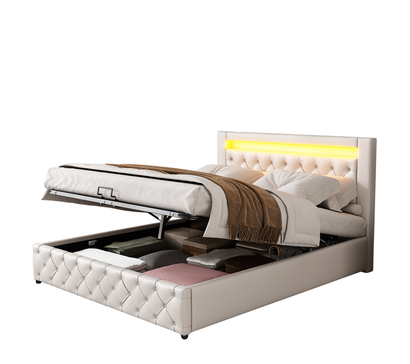 Lit Adulte 140x190 Cm Pu Blanc Avec Coffre De Rangement, LED Et Sommier à Lattes