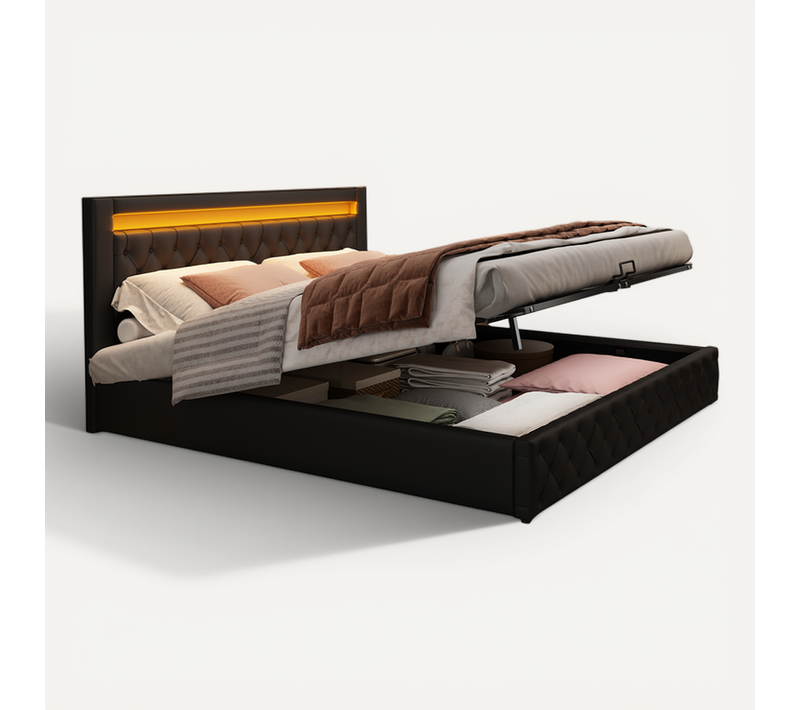 Lit Adulte Coffre 140x190 Cm Avec LED Et Sommier à Lattes, Pu Noir