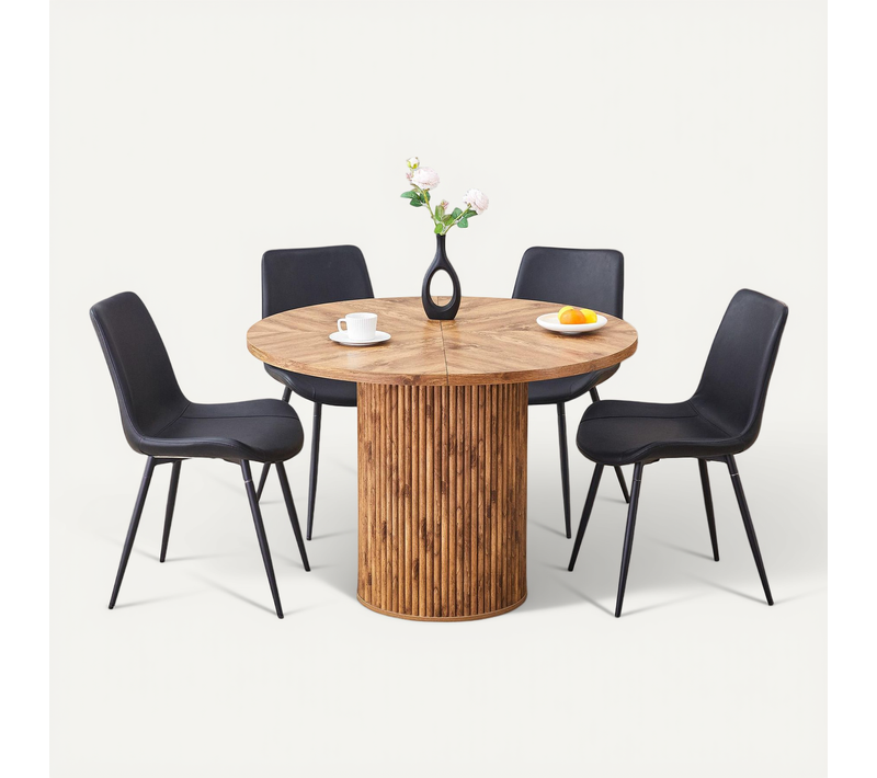 Ensemble Table à Manger Ronde 100 Cm Bois Et 4 Chaises Noir En Pu Et Métal