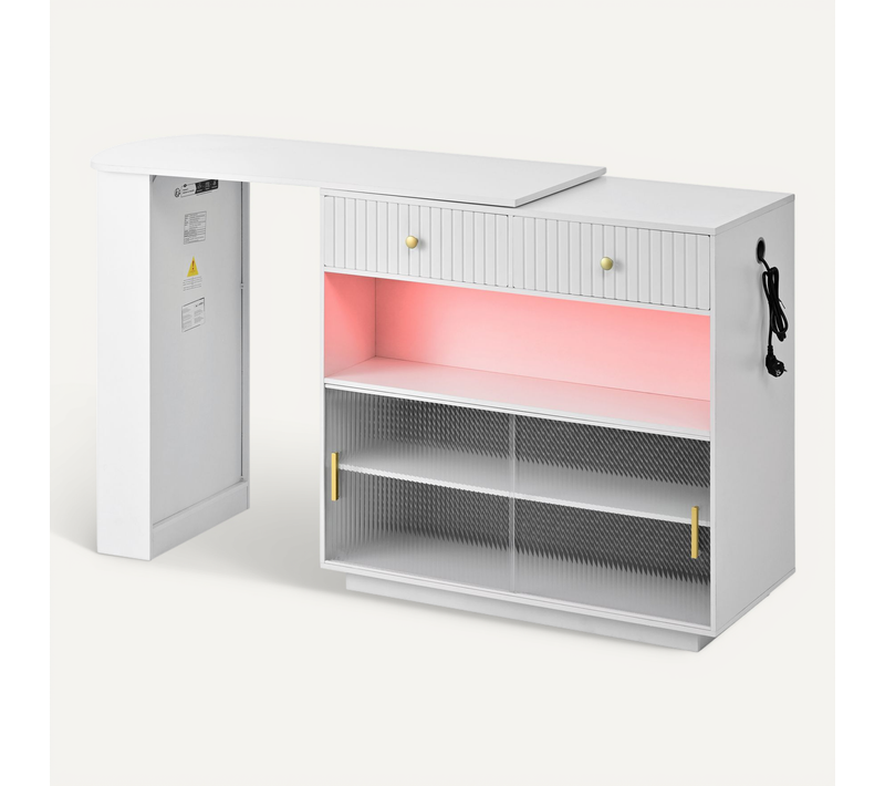 Table De Bar Extensible Pivotant, Meuble Blanc Avec LED, Ports USB/type-c, Tiroir Et Portes Vitrées
