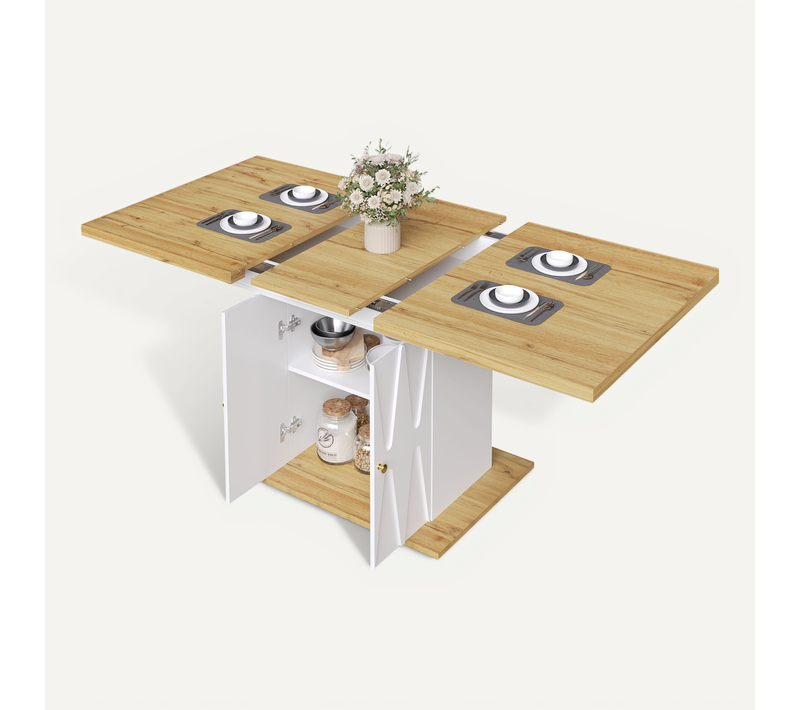 Table à Manger Extensible 110-140 Cm Blanc, Avec 2 Portes Et Rangements, 4 à 6 Personnes