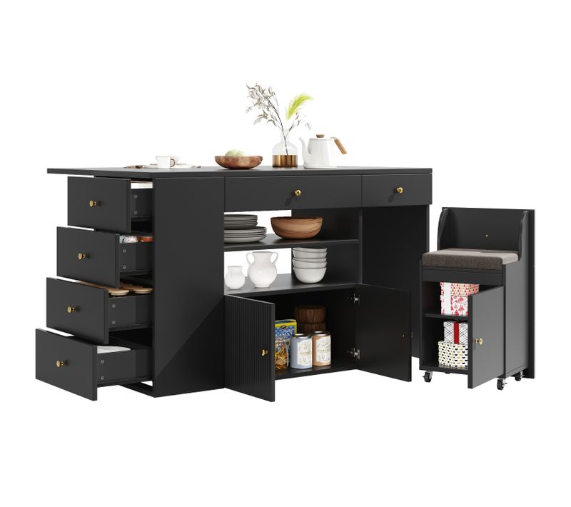 Îlot De Cuisine 140x40(70)x89 Cm En Bois Noir Avec 6 Tiroirs Et Tabouret, 2 Étagères Ouvertes