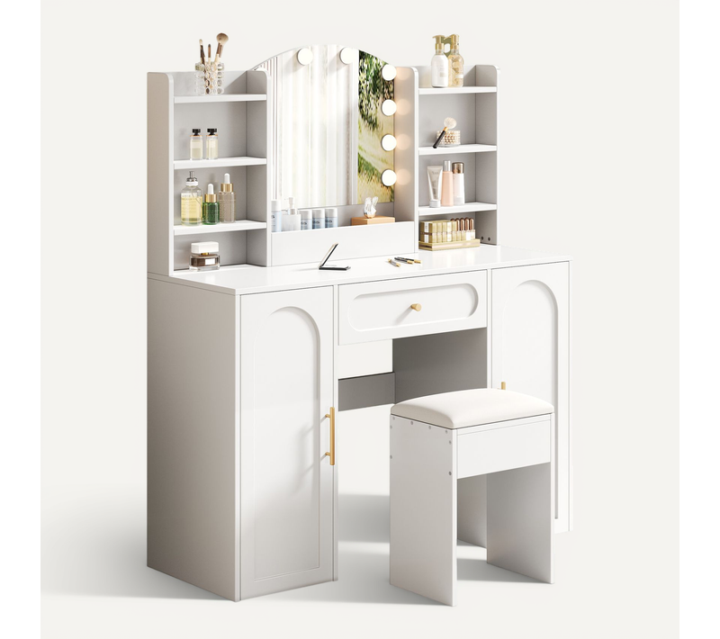 Coiffeuse + Tabouret Avec Miroir LED, Tiroir Et 2 Portes, Blanc 110x40x132 Cm