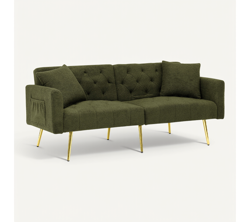 Canapé Convertible 2 Places En Tissu Teddy Vert, Dossier Réglable, 2 Coussins