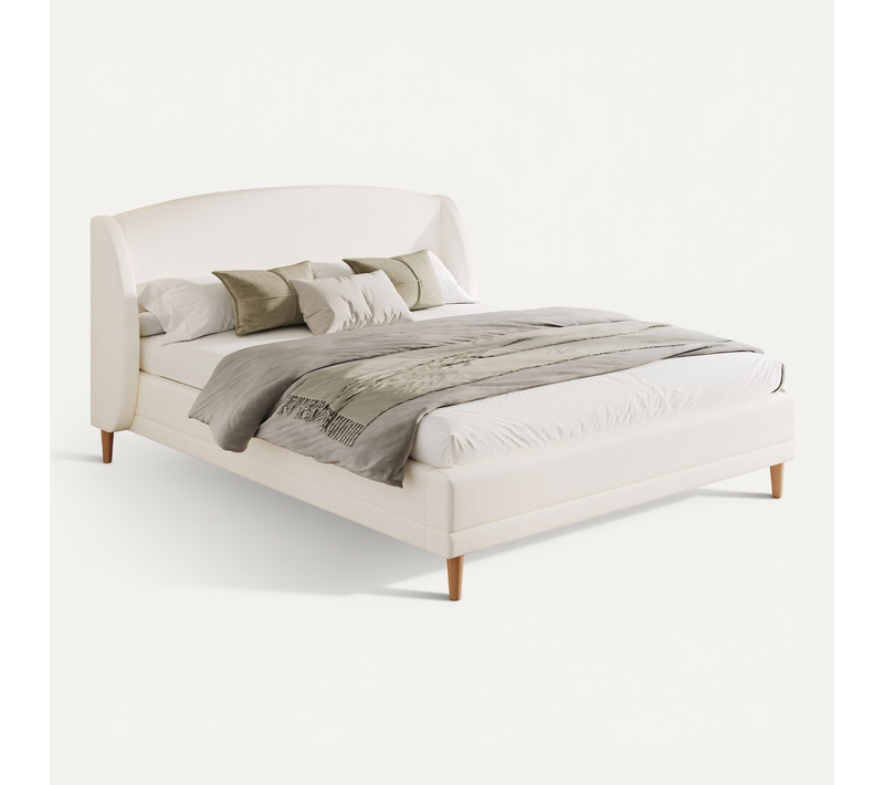 Lit Adulte 140x190 Cm Tissu Bouclé Blanc, Tête De Lit à Oreilles Et Sommier à Lattes, Pieds En Bois