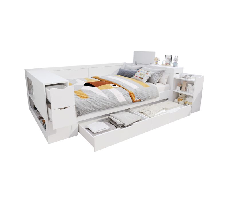 Lit 140x190 Cm 2 Places Bois Blanc Avec Rangements Et Chevet, Sommier à Lattes