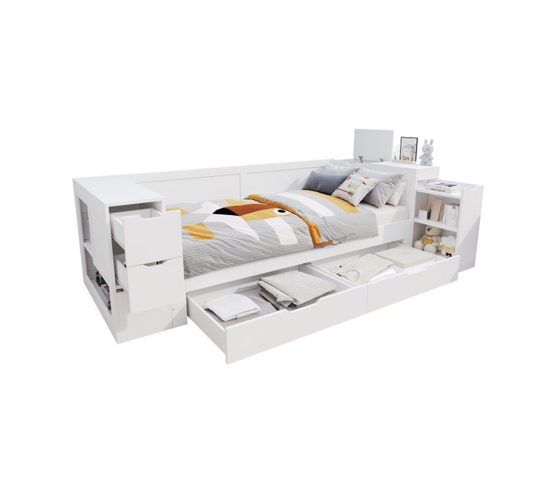 Lit Enfant 90x190 Cm Avec Rangements, Tiroirs Et Chevet Coulissant, Bois Blanc