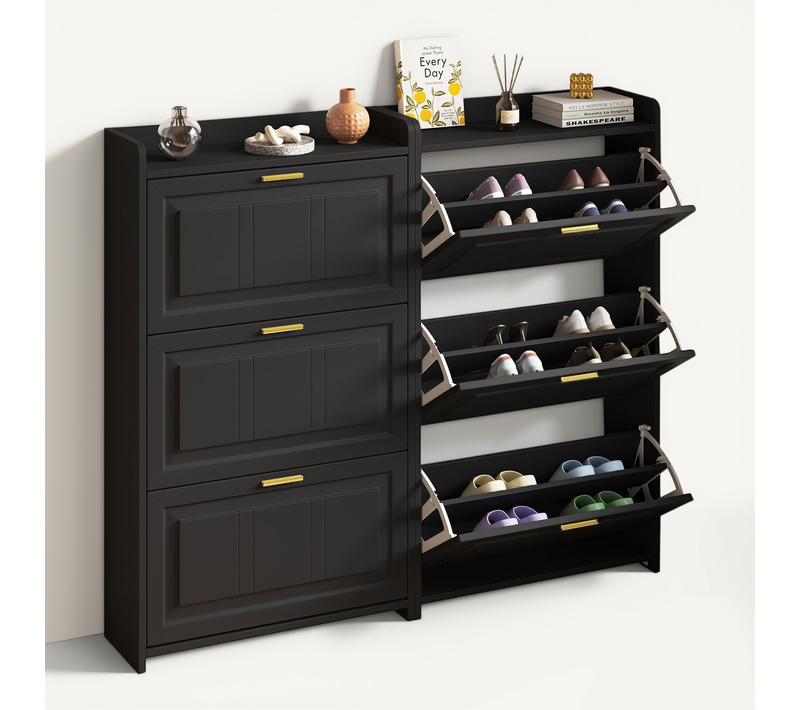 Set De 2 Meubles à Chaussures 70x24x120 Cm Noir Avec Portes Abattantes Et 6 Compartiments