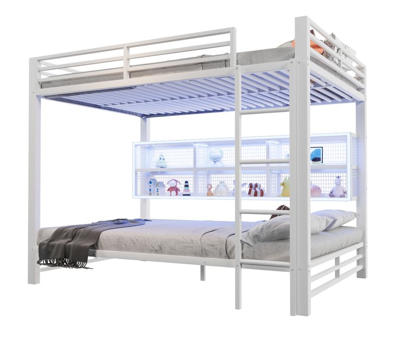 Lit Superposé LED 140x200 Cm Métal Blanc Avec Étagères Et Sommiers à Lattes