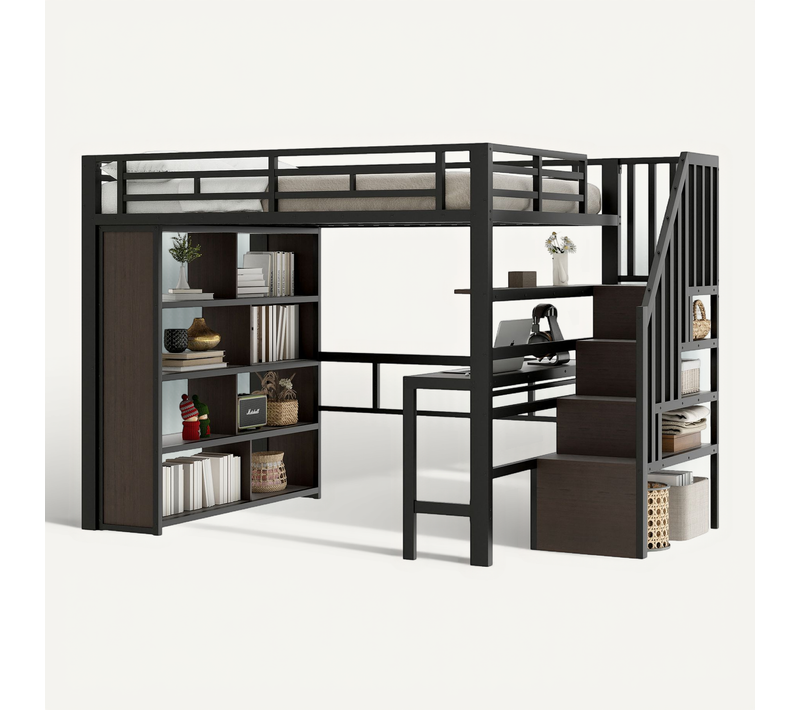 Lit Mezzanine Adulte 140x200 Cm Avec Bureau, Étagères, LED Et Rangements, En Métal Noir